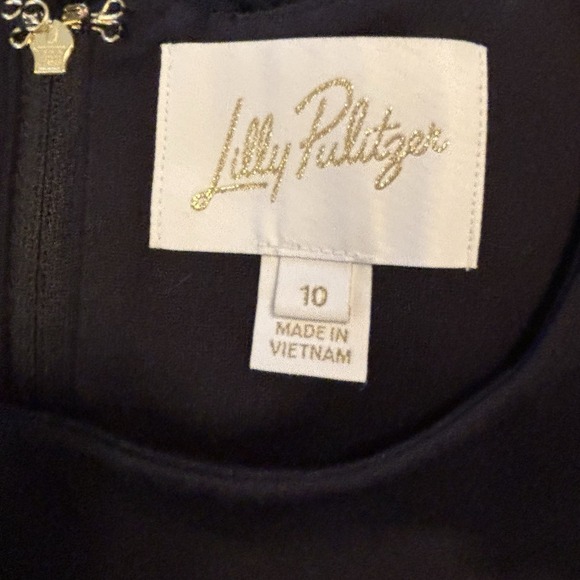 Lilly Pulitzer Elinor Shift Mini Black Ponte Dress Size 10 Gold Trim Link Belt - Picture 6 of 7